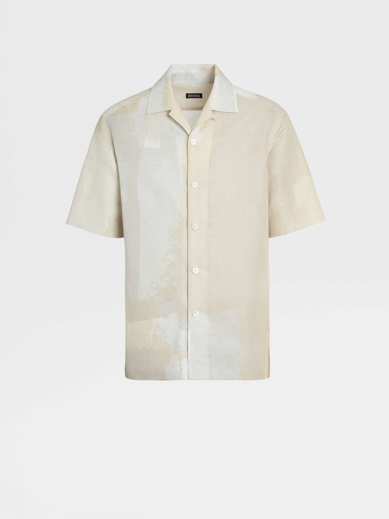 Light Beige Printed Linen and Cotton Short-sleeve Shirt